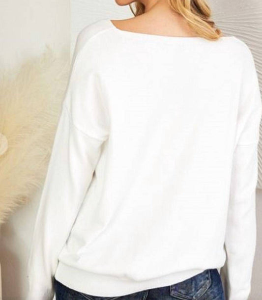Venti6 - Studded Heart Long Sleeve V Neck Sweater