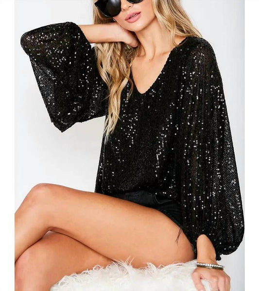 Vine & Love - V Neck Balloon Sleeve Sequin Top