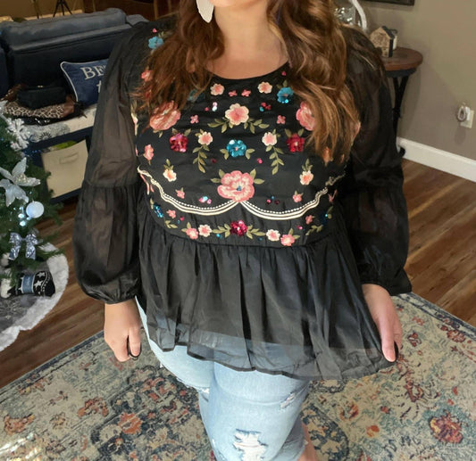 Andree By Unit - Floral Embroidery Long Sleeve Babydoll Sheer Top