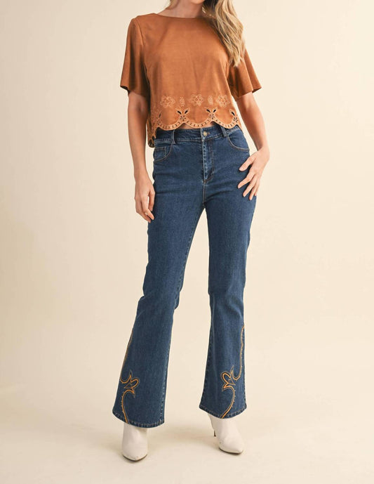 Klesis - Suede-feel Border Cutout Short-sleeve Top