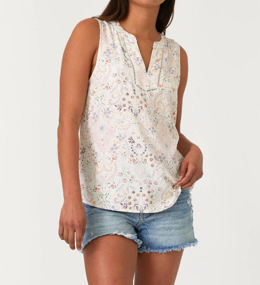 Lovestitch - Women's Floral Lattice Trim Split V Neck Tank Top