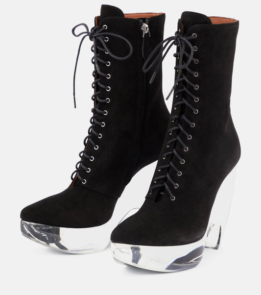 Alaia - Preloved Suede Lace Up Platform Plexi Sole Bootie