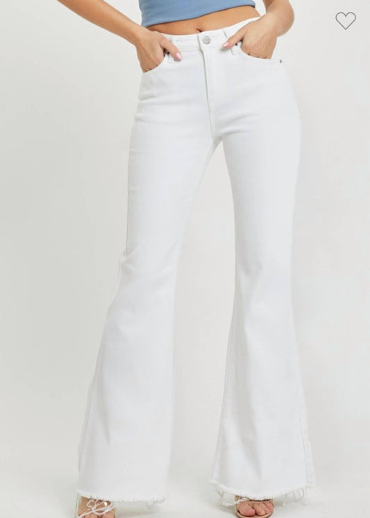Risen - White Mid Rise Tummy Control Flare Jeans