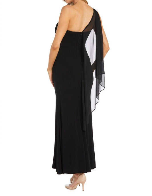 R&M Richards - One Shoulder Cape Gown With Rhinestone Detailing