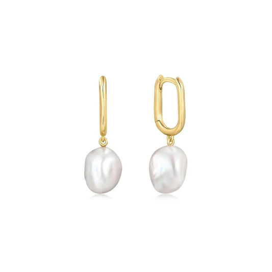 Eklexic - Women's Oval Huggie Hoops With Pearl Drop Earrings