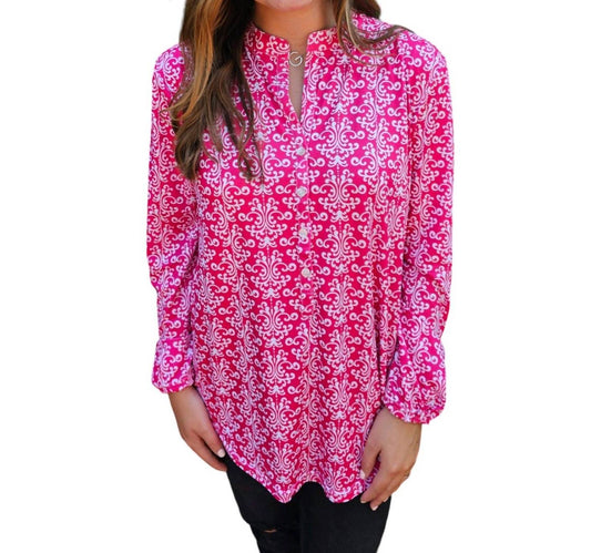 Erma’S Closet - PRINT PULLOVER TOP WITH BUTTON DETAIL