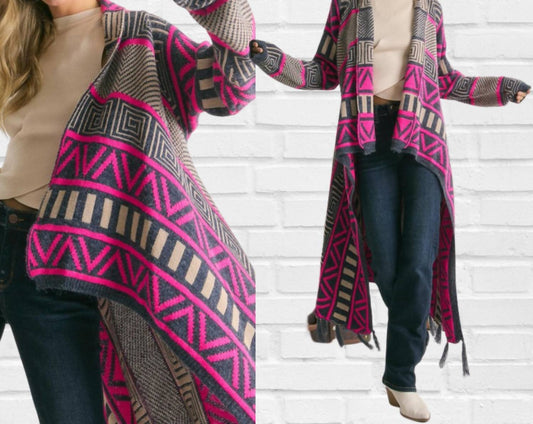Davi & Dani - Printed Shawl Fringed Hem Cardigan
