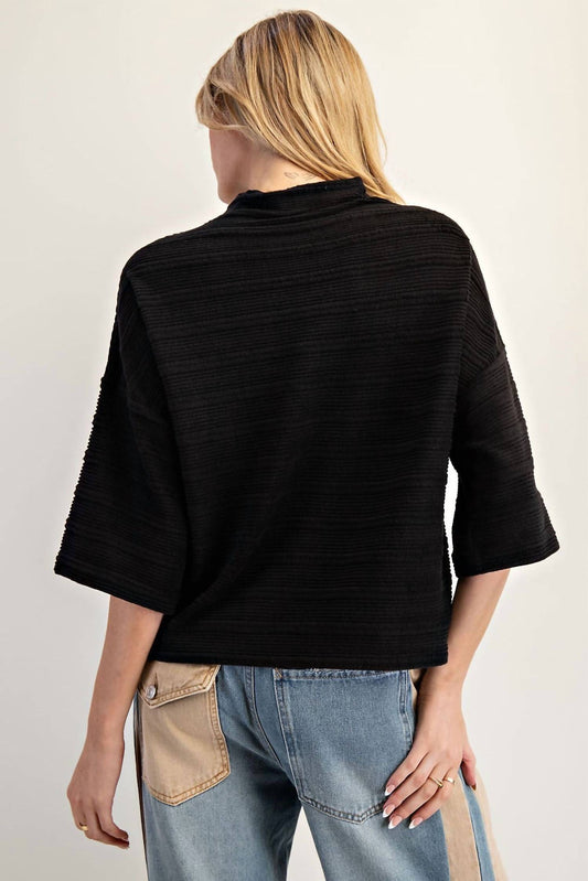 Ee:Some - Textured Mock Neck Half Sleeve Top