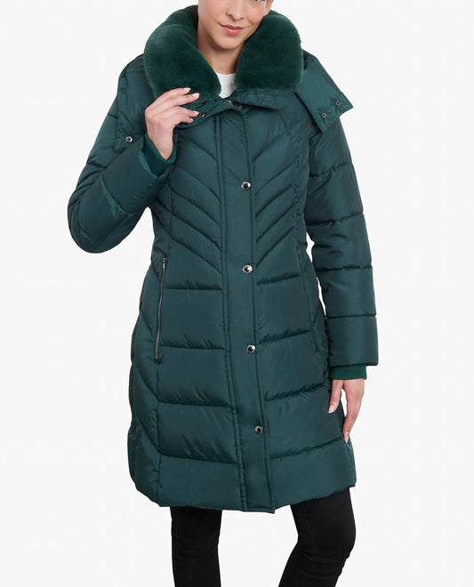 London Fog - Zip-front Hooded Heavy Weight Puffer Jacket With Button-off Fur Collar