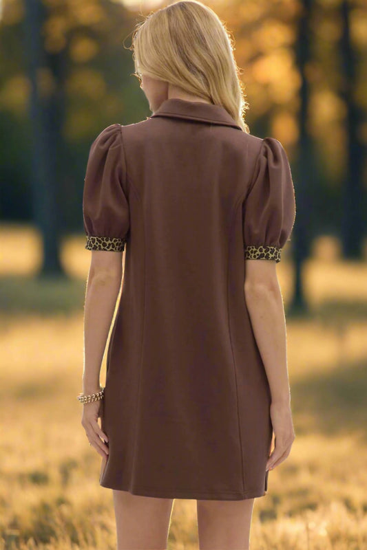 Entro - Puff Sleeve Mini Dress With Leopard Trim