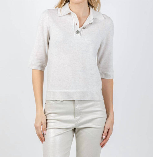 Kinross - Cashmere Crystal Button Elbow Sleeve Polo Top