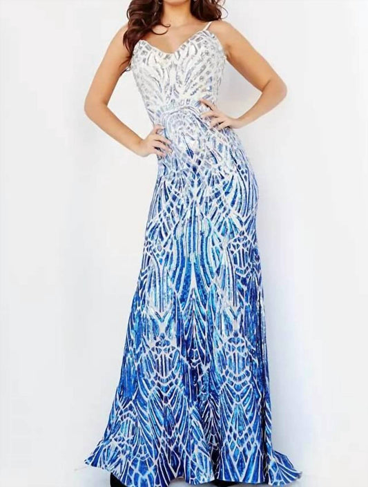 Jovani - Wide V-neck Sequin Gown