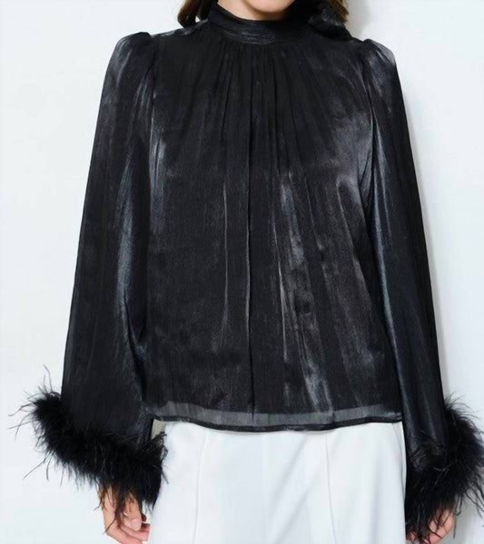 Skies Are Blue - Delphine Metallic Shimmer Bow Tie Feather Hem Blouse Top