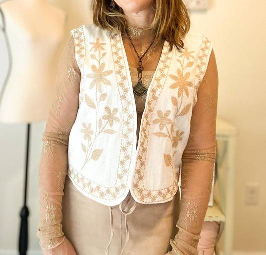 Mustard Seed - Embroidered Floral Open Front Vest
