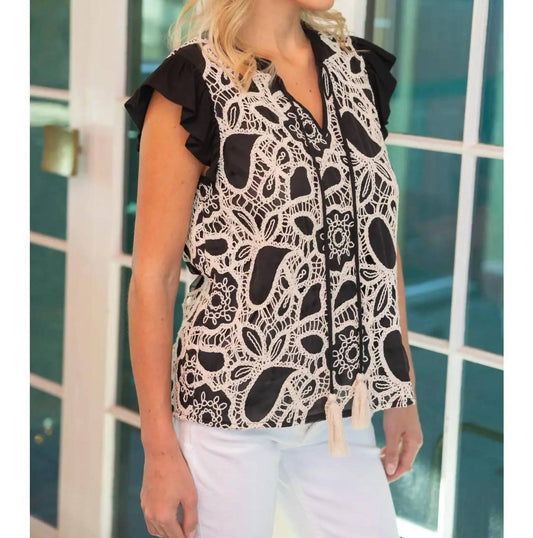 Voy - Paisley Embroidered Ruffle Sleeve Top