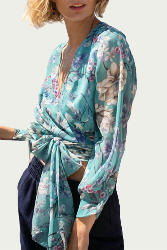 ZOE FLORAL-PRINT GEORGETTE WRAP BLOUSE