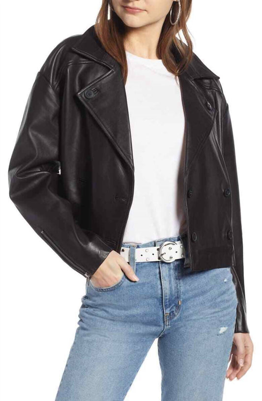 Something Navy - Shrunken Double Breasted Crop Leather Jacket