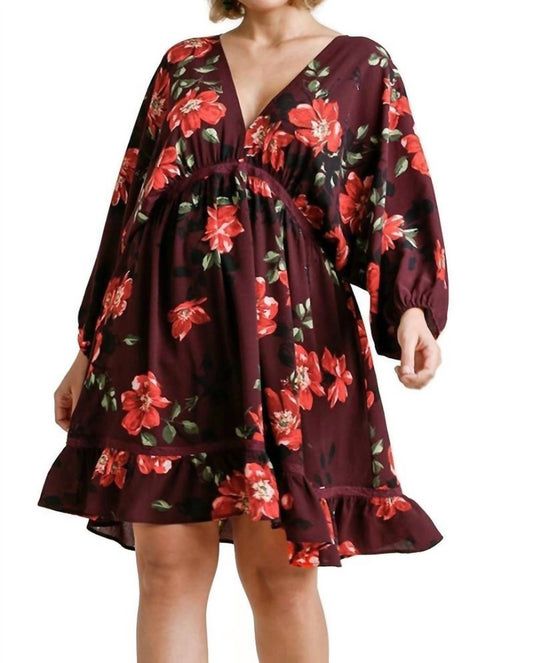 Umgee - Floral Print Balloon Sleeve Dress