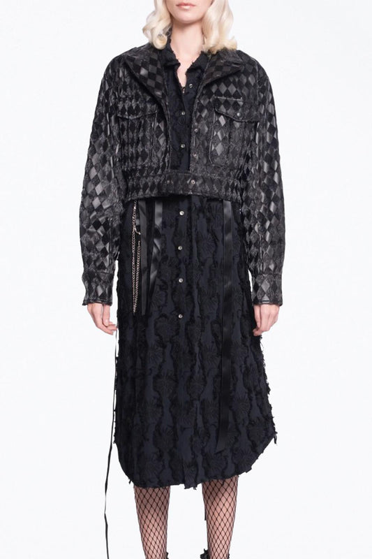 CHECKMATE TEXTURED VEGAN LEATHER CROPPED JACKET