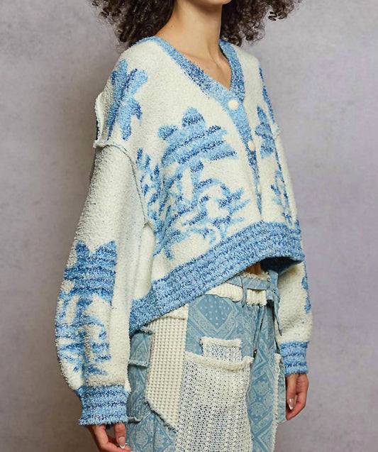 Pol - Floral Pattern V Neck Balloon Sleeve Berber Cropped Cardigan