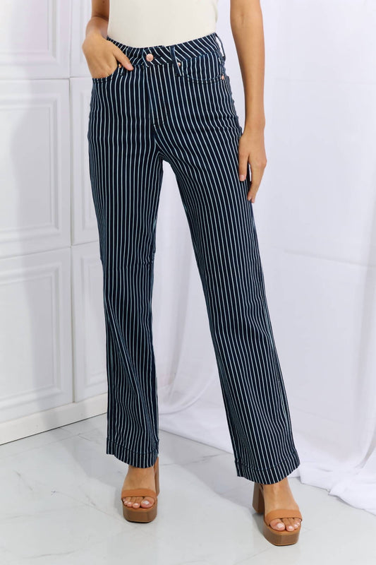Judy Blue - High Waist Tummy Control Striped Straight Trouser Jeans