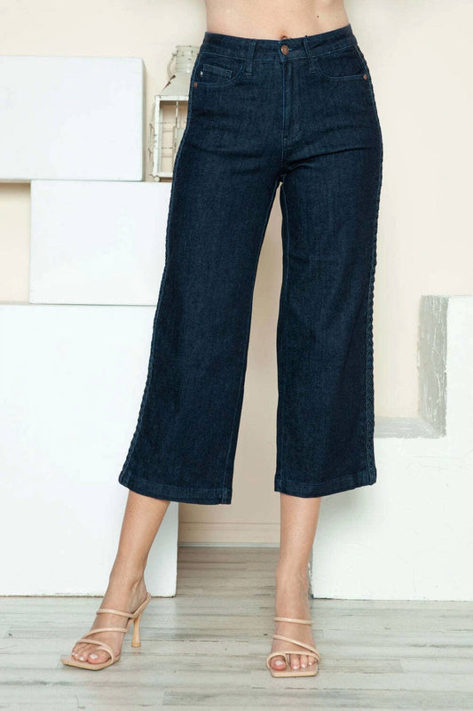 Judy Blue - Diana High Rise Side Seam Braid Cropped Wide Leg Jeans