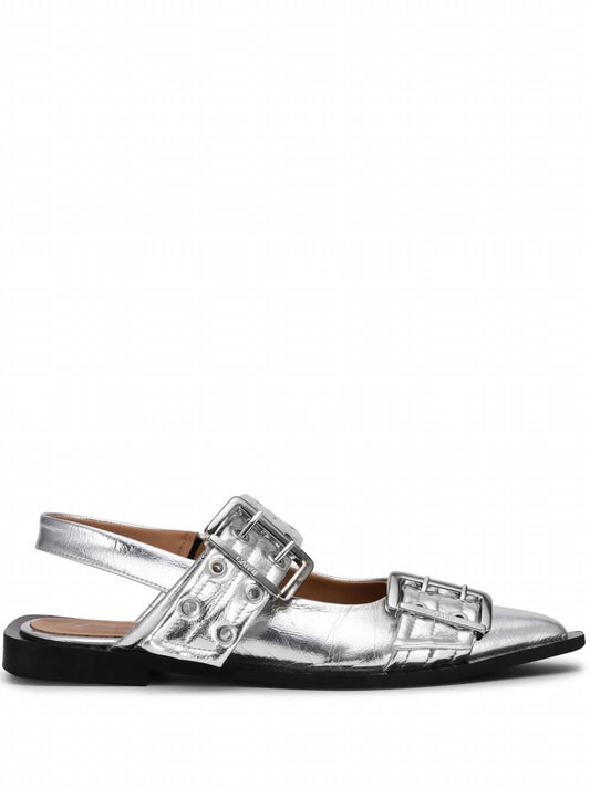 Ganni - Women's Feminine Buckle Ballerina Metallic Sandals