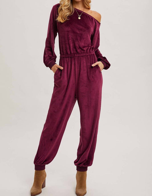 Bluivy - Velvet One Shoulder Boat Neck Jumpsuit