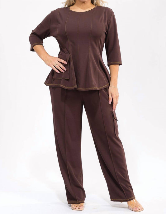 Karen Kane - Peplum Top And Straight Cargo Pants Set