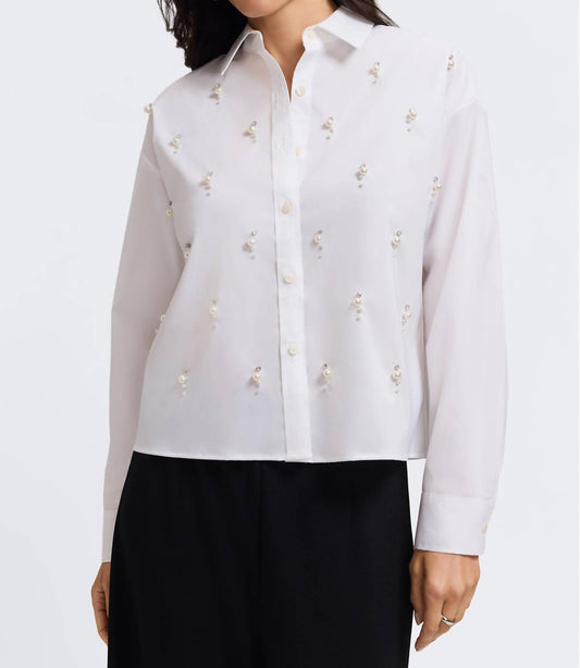 Foxcroft - Marina Pearl & Rhinestone Appliqué Long Sleeve Short Shirt