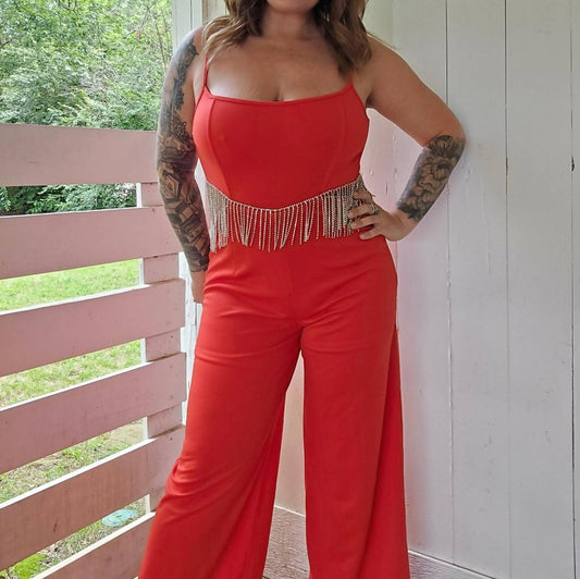 Blue B - Rhinestone Fringe Cut Out Side Open Back Jumpsuit