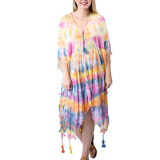 Top It Off - Boho Tie Dye Lightweight Tassel Cover Up Kimono Wrap