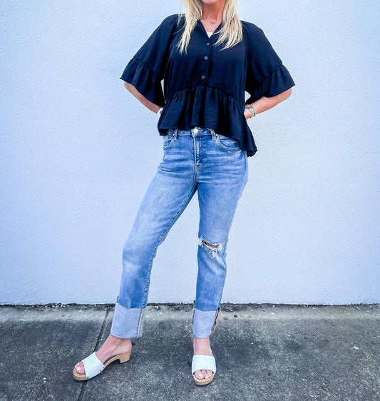 Ee:Some - Coastal Muse Ruffle Short Sleeve Button Down Top