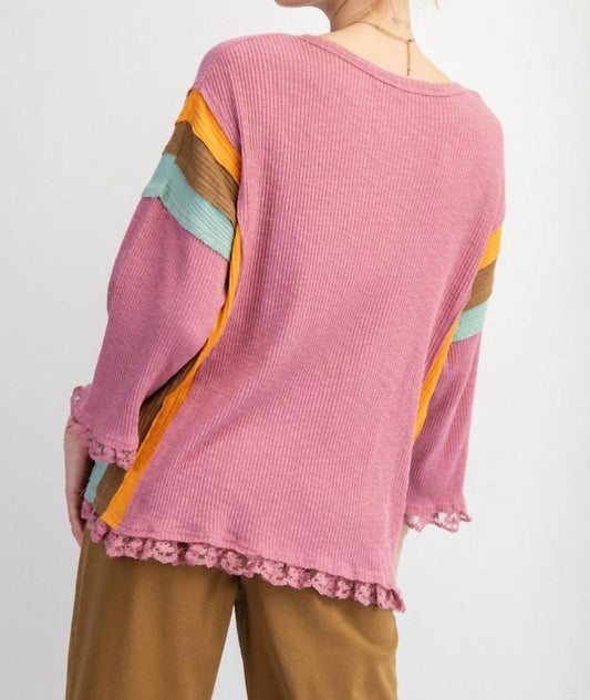 Easel - Block Rib Knit Top With Lace Bottom Hem - Plus