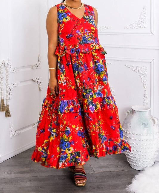 Surelymine - Floral Tiered Ruffle Maxi Dress With Pockets