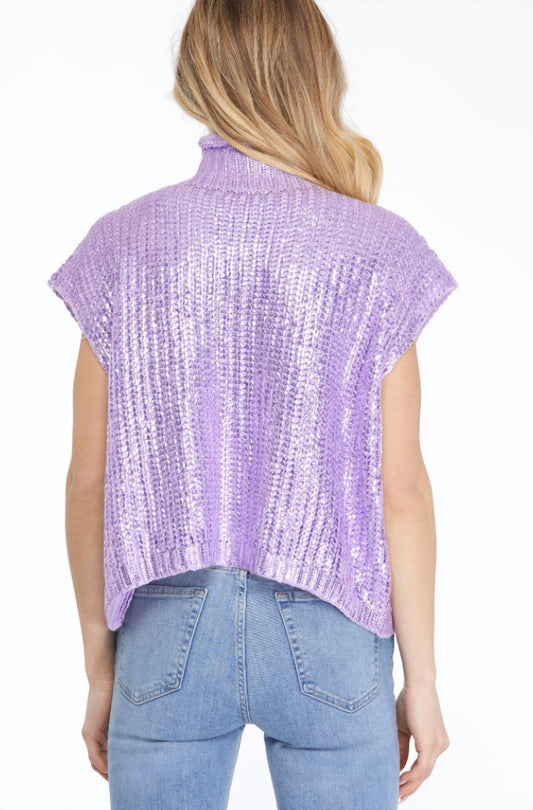 She + Sky - Metallic Foil Sleeveless Turtleneck Sweater Top