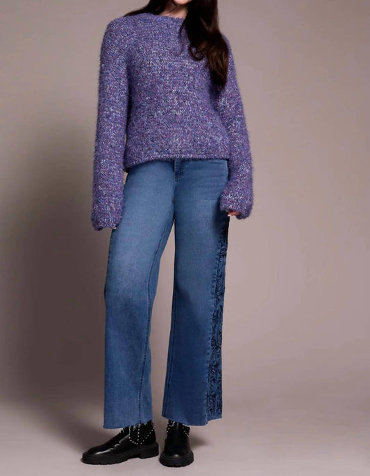 Tribal - Fuzzy Eyelash Drop Shoudler Puff Sleeve Sweater