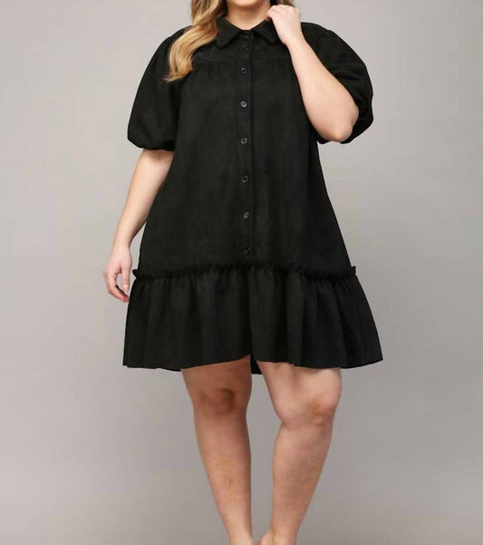 Fate - Darby Faux Suede Button Front Short Puff Sleeve Dress