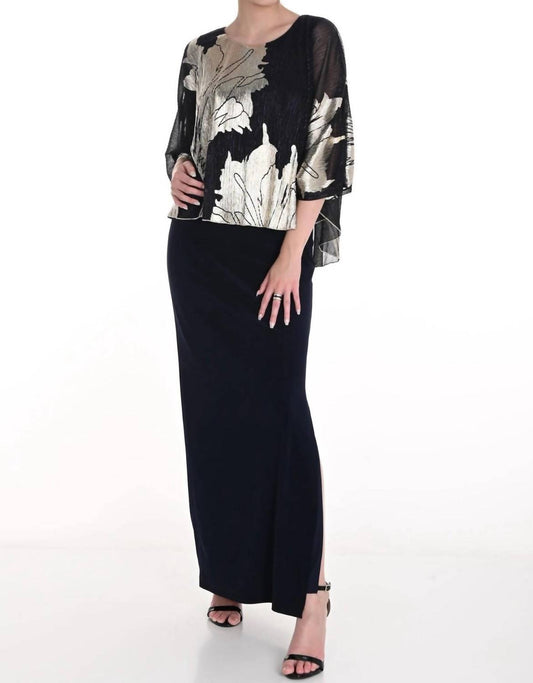 Frank Lyman - Metallic Floral Chiffon Overlay Evening Dress