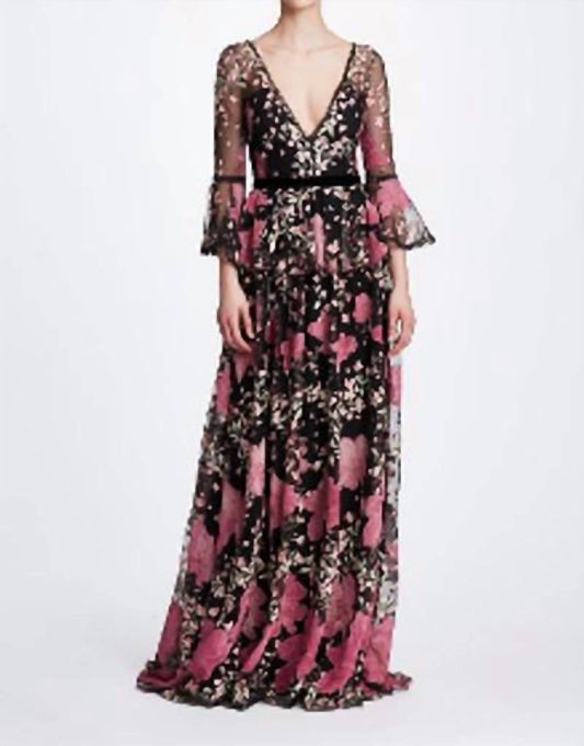 BELL SLEEVE V NECK FLORAL GOWN