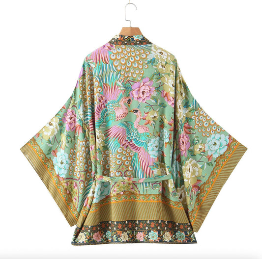 Rosa Clothing - Women's Boho Peacock Print Cropped Kimono