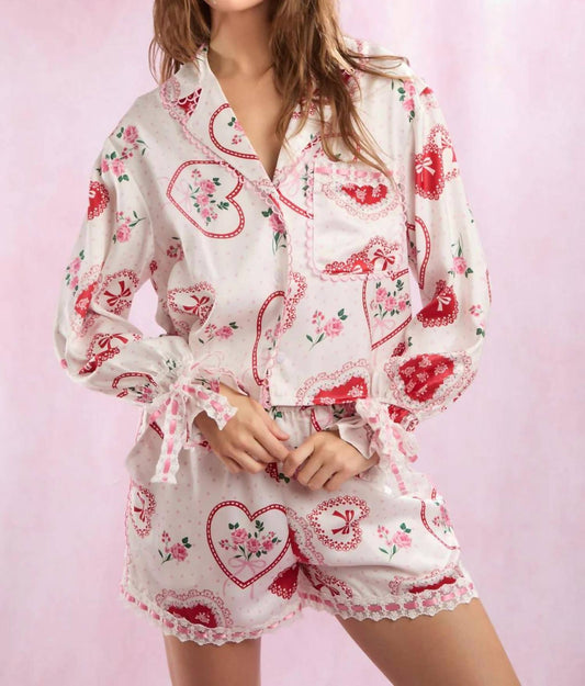 Peach Love - Heart Lace Satin Pajama Set