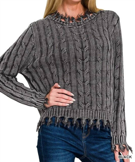 Zenana - Women's Bonnie Washed Cable Knit Fringe Sweater