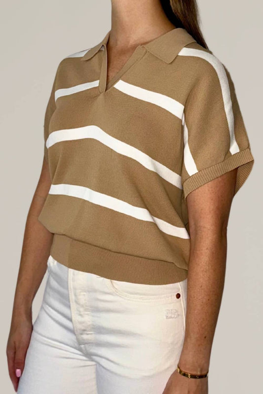 Olivaceous - Collar Ribbed Striped Sweater Top