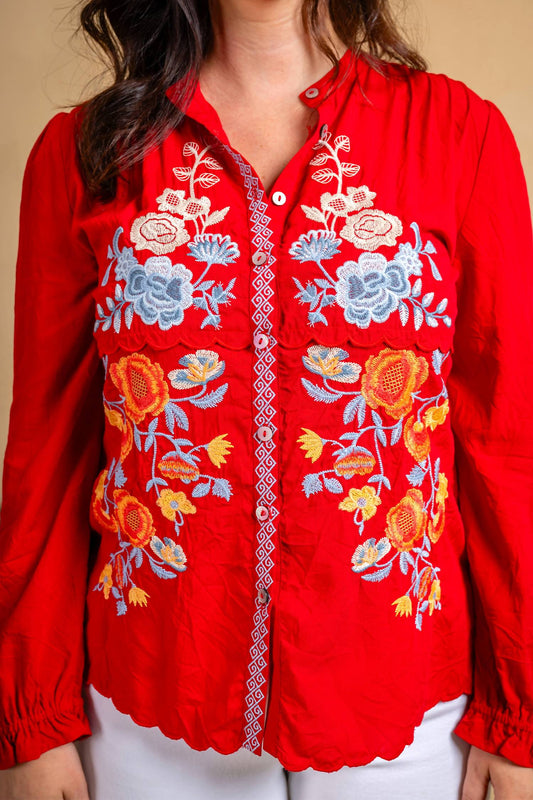 Paparazzi - Embroidered Viscose Button Front Shirt