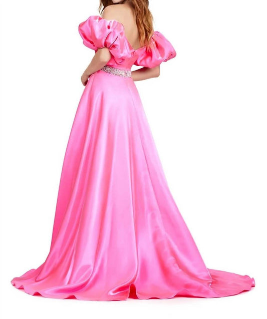 Ashleylauren - Off Shoulder Puff Sleeve Satin Gown