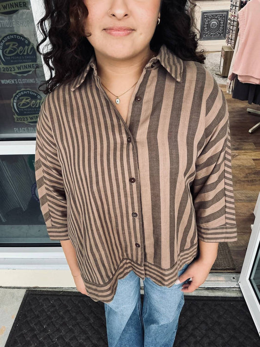 Umgee - Vertical Mix Stripe Button Down Shacket Top