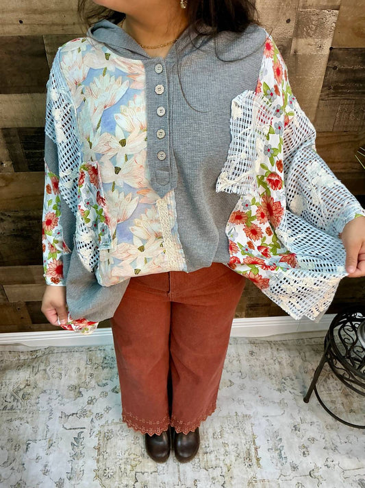 Pol - Half Placket Mixed Fabric Boxy Top