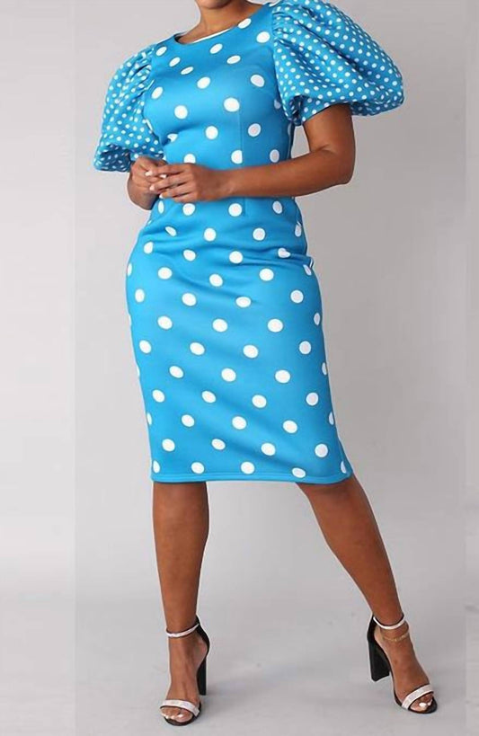 For Her Nyc - Puff Sleeves Polka Dot Midi Dress