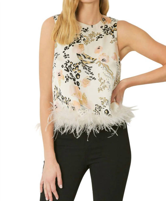 Entro - Abstract Tank Top With Feather Trim